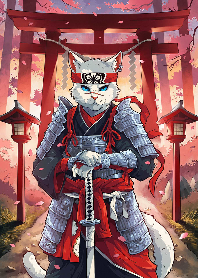Samurai Cat Warrior and Japanese Torii Gate