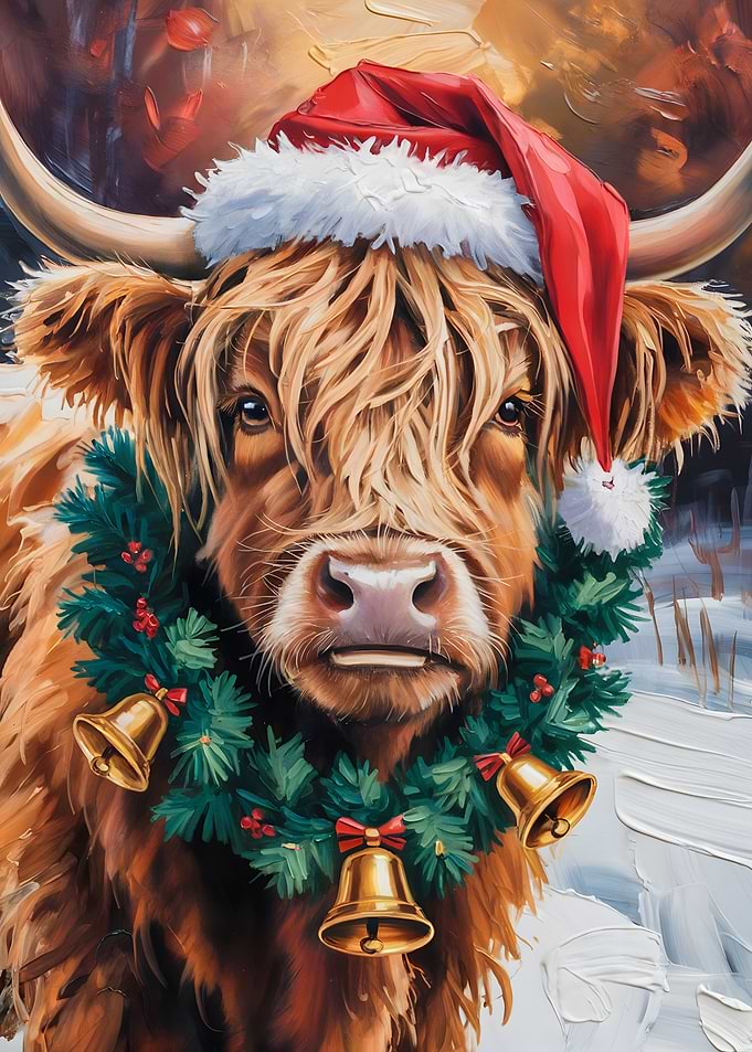Christmas Highland Cow with Santa Hat