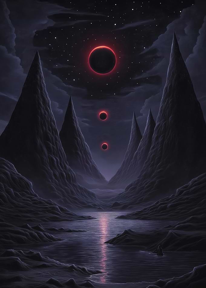 Dark Fantasy Landscape with Red Orbs