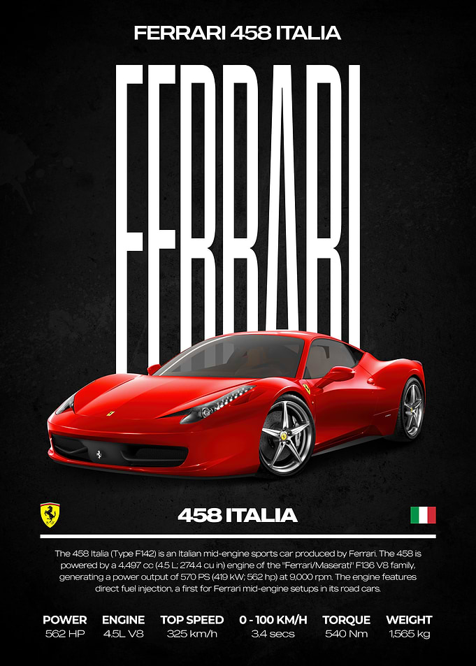 Ferrari 458 Italia Red Car Poster