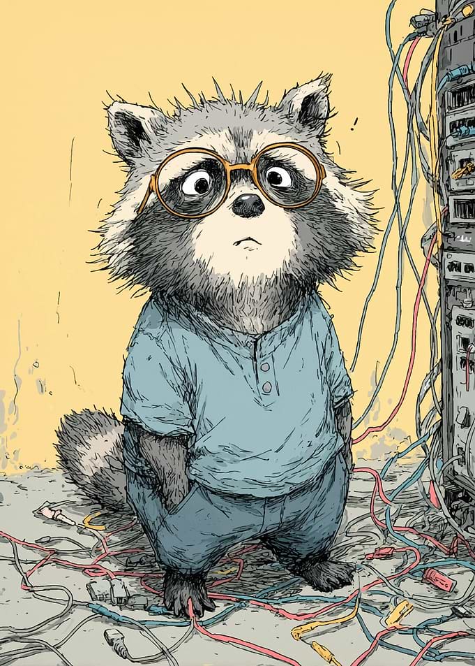 Confused Raccoon with Cables