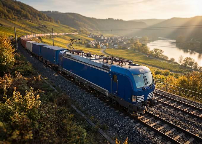 Blue Cargo Train in Scenic Landscape