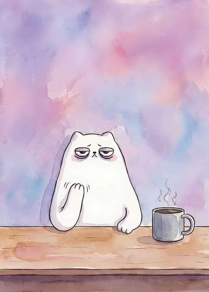 Sleepy Cat with Coffee