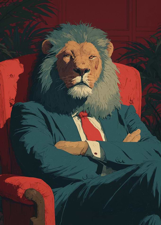Lion in Suit on Red Chair