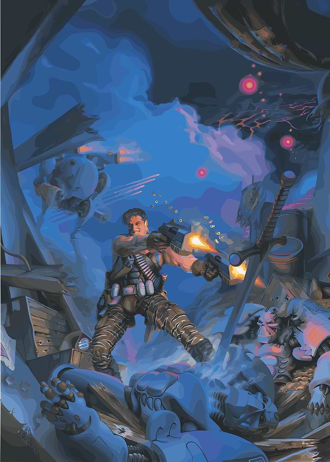 Action Hero in Sci-Fi Battle Scene