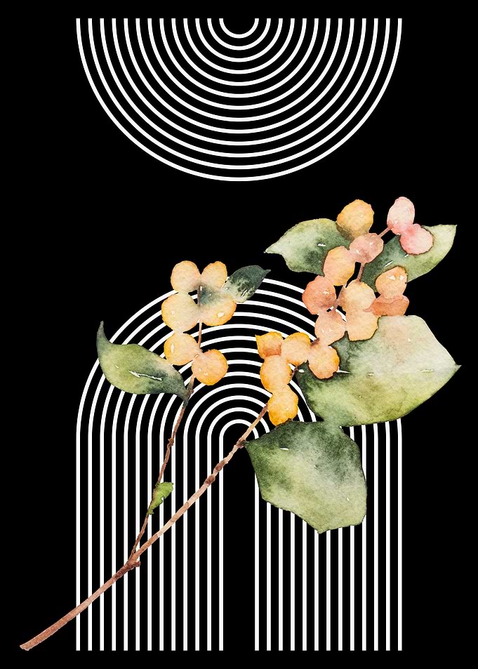 Floral Watercolor with Geometric Arcs