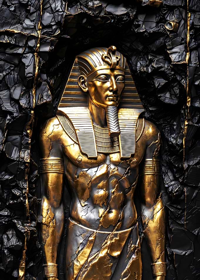 Golden Pharaoh Statue Against Dark Background