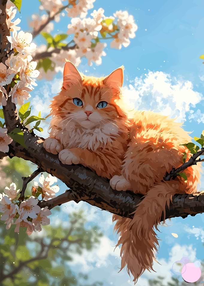 Ginger cat on a blossoming branch