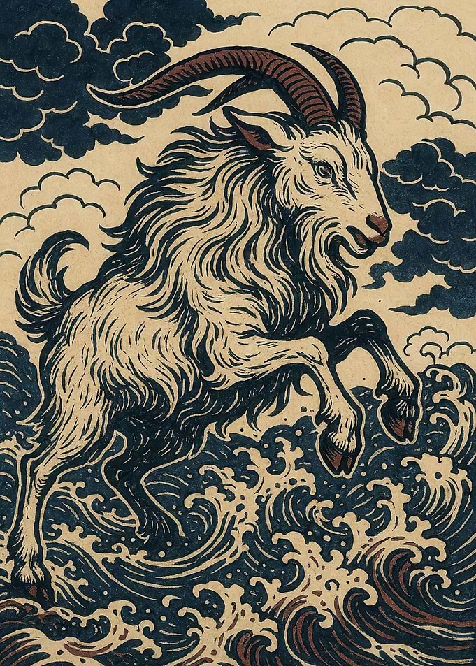 Goat Shio Leaping Over Waves Illustration