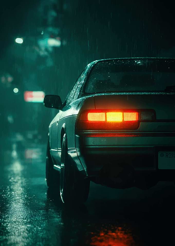 Car in the Rain at Night