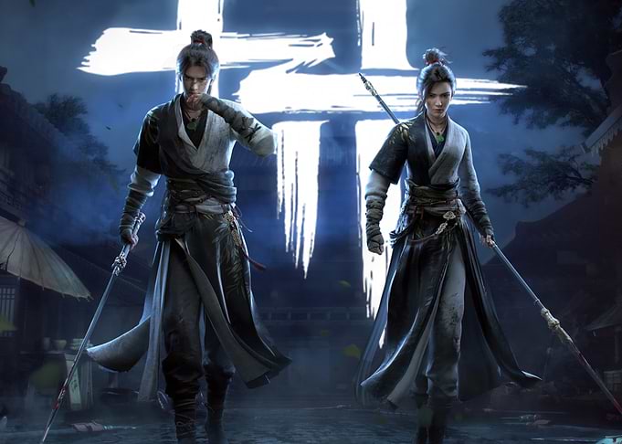 Two Warriors with Spears in Dark Setting