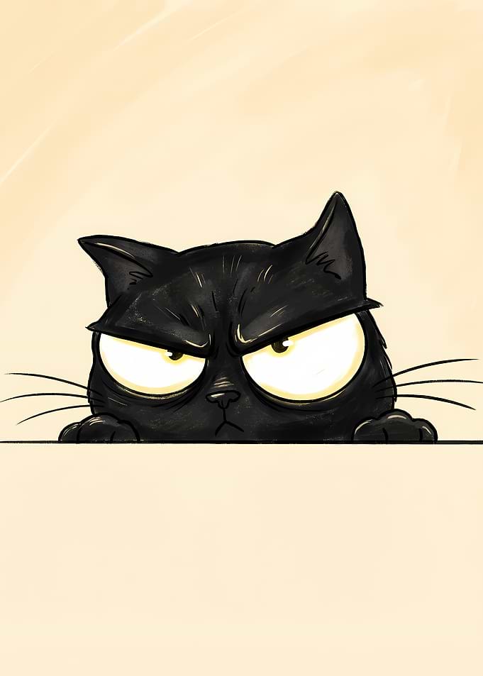 Grumpy Black Cat Cartoon Illustration