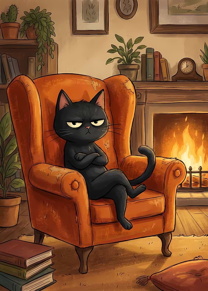 Grumpy Cat in Armchair by Fireplace
