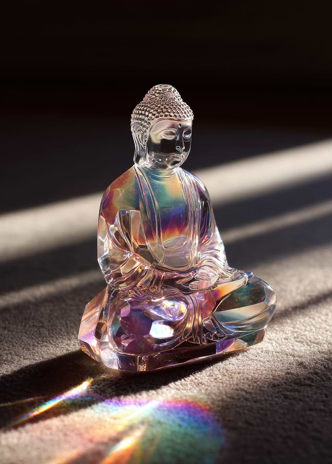 Crystal Buddha Statue with Rainbow Reflection