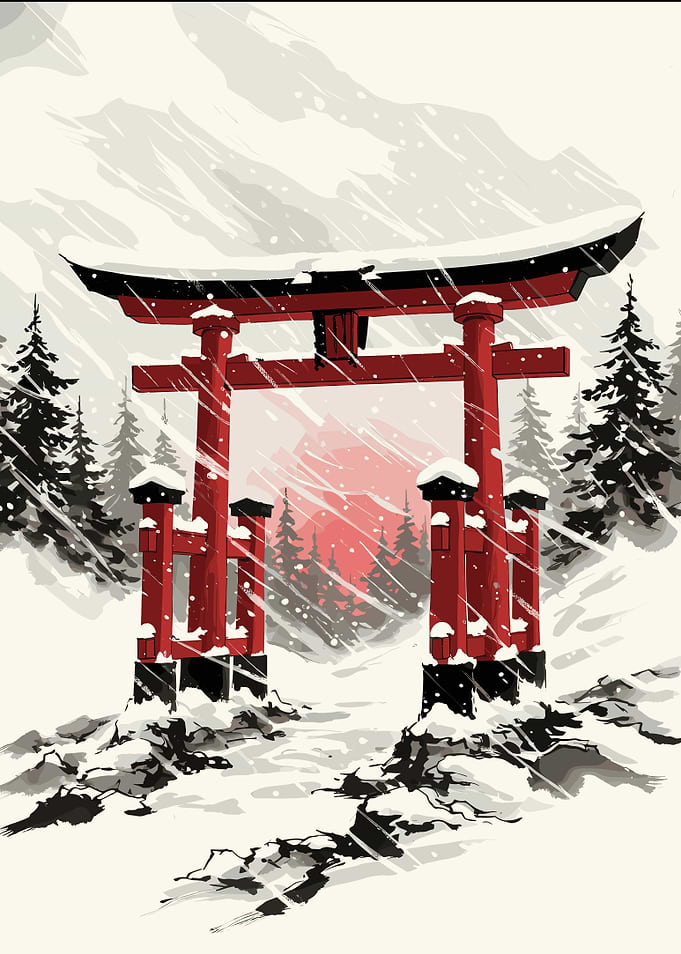 Torii Gate at winter japanese black white red