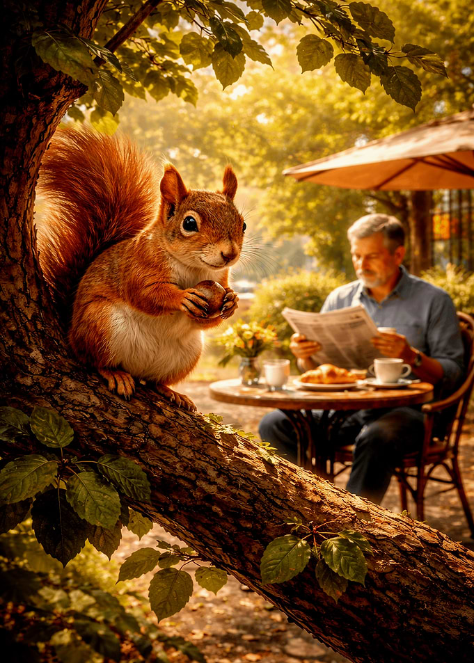 Squirrel and Man at Outdoor Cafe