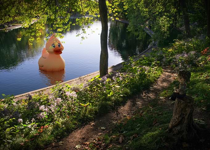 Giant Rubber Ducky in a Pond