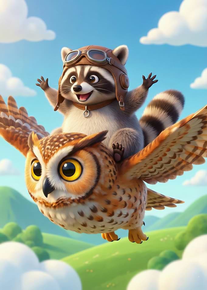 Raccoon and Owl Flying Adventure
