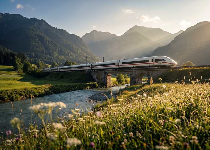 Train on Bridge in Mountain Landscape