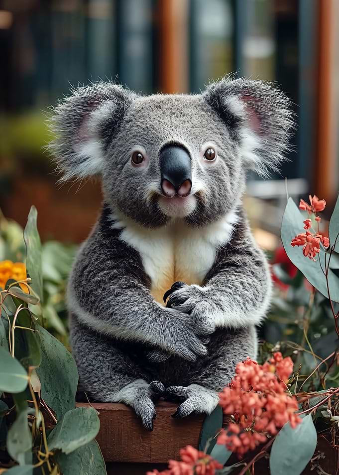 Cute Koala Portrait Surrounded by Flowers