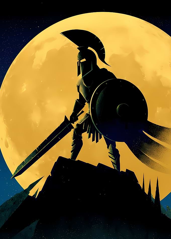 Spartan Warrior Silhouette Against Full Moon