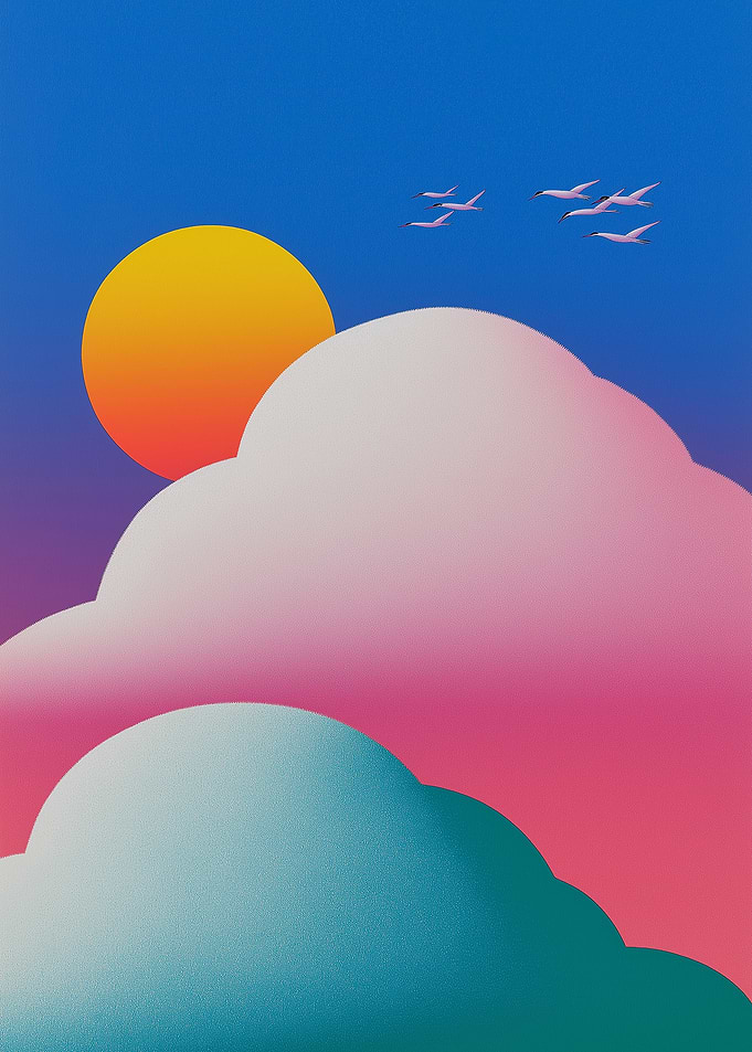 Sunset Clouds and Birds Illustration