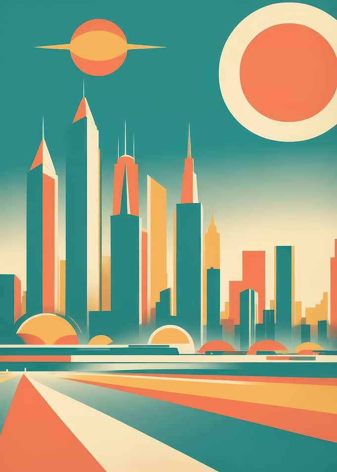 Retro-Futuristic City Skyline — Teal & Coral Minimalist Illustration