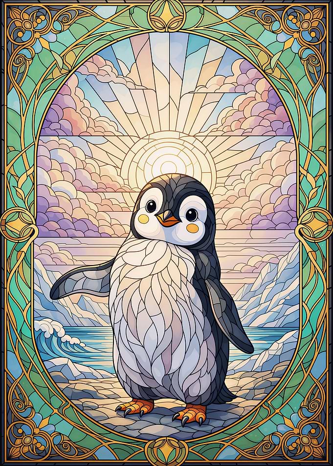 Stained Glass Cute Penguin Landscape