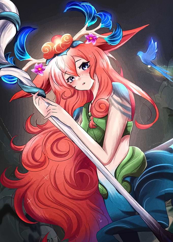 Anime Girl with Staff and Bird