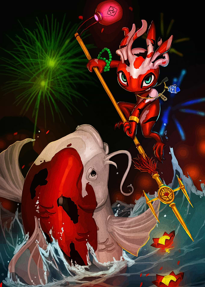 Red Character Riding Koi Fish