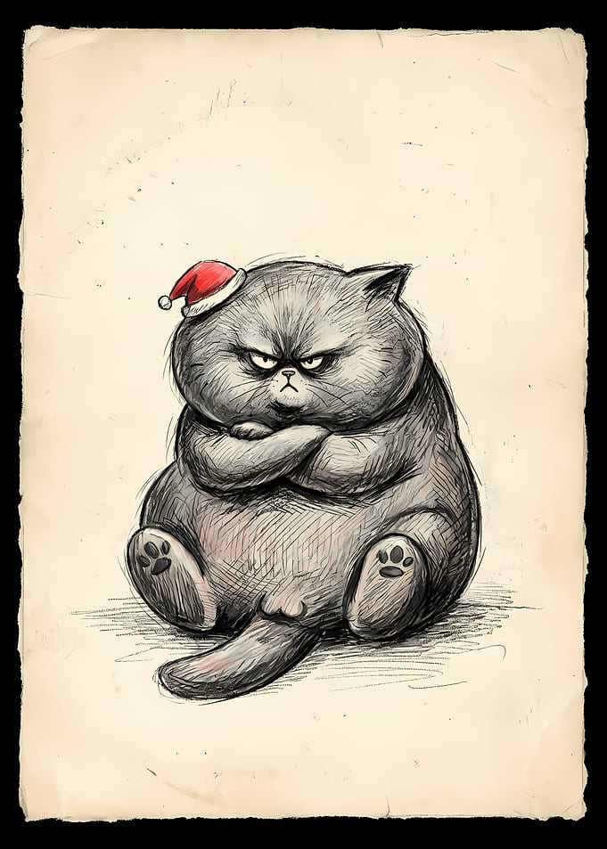 Grumpy Christmas Cat Illustration