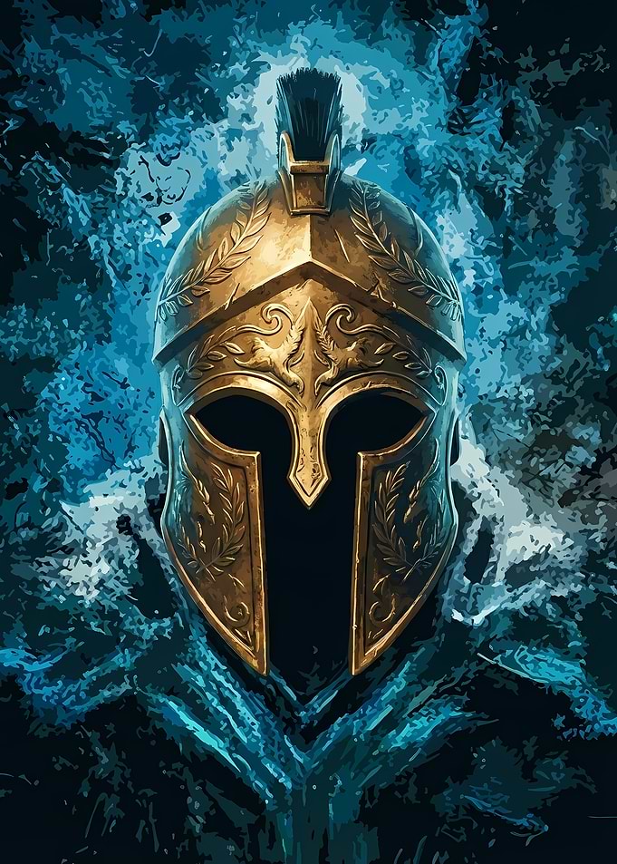 Golden Spartan Helmet on Blue Background