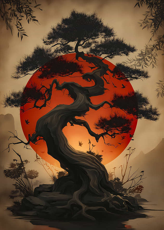 Bonsai Tree with Red Sun