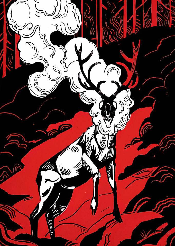 Stylized Deer with Smoke and Forest