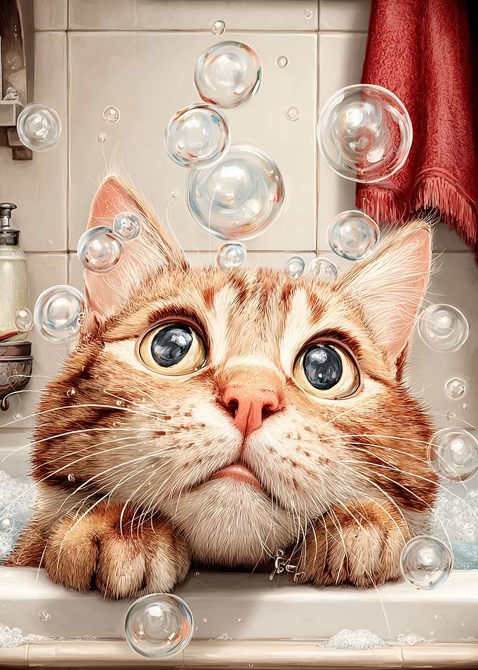 Cat in Tub with Bubbles