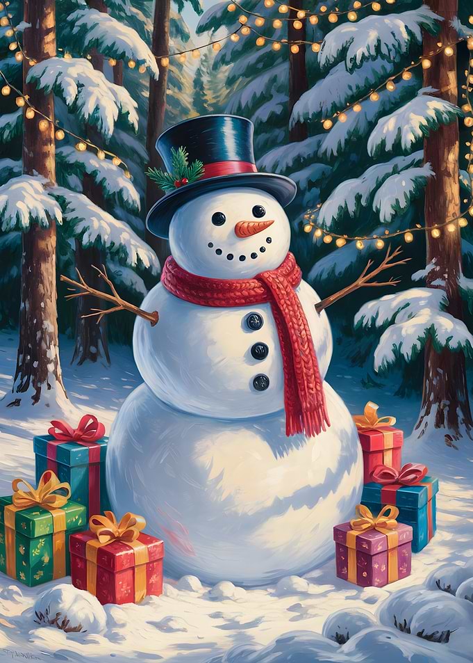 Festive Snowman with Gifts in Winter
