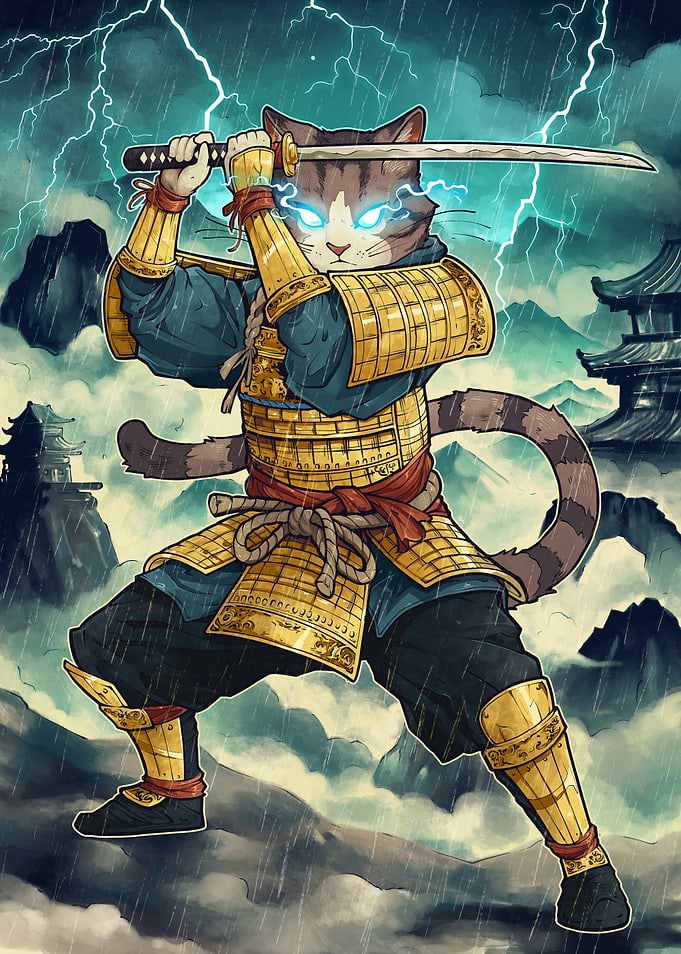 Samurai Cat in Stormy Lightning