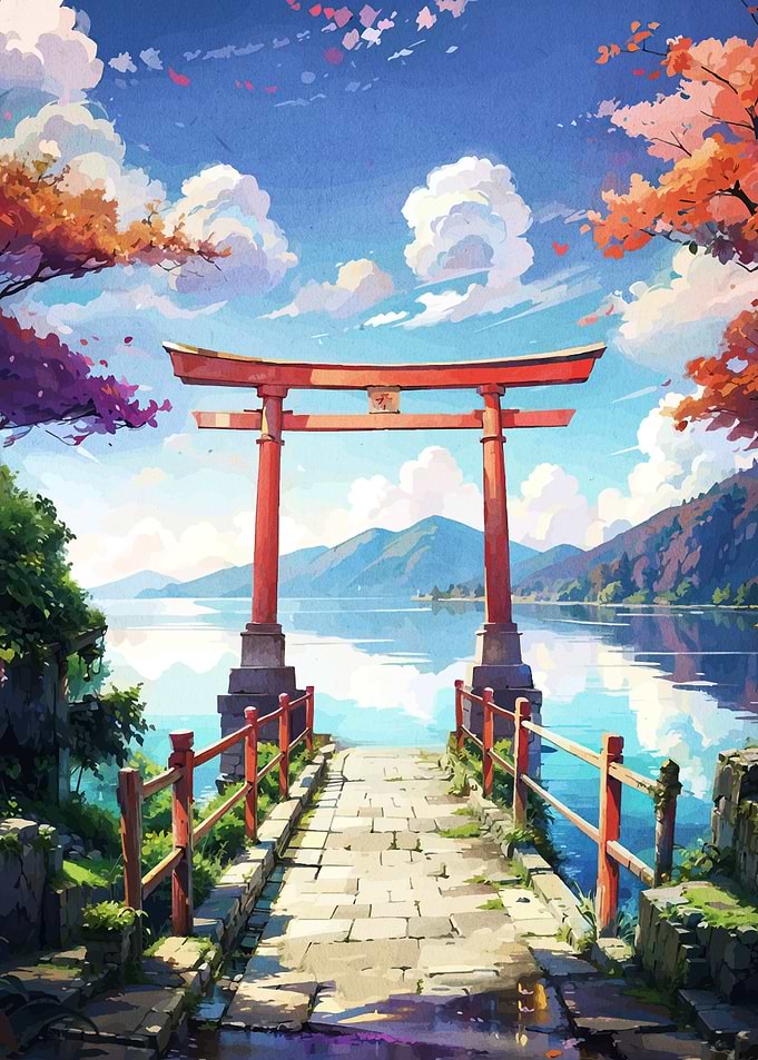 Japanese Torii Gate Landscape Painting