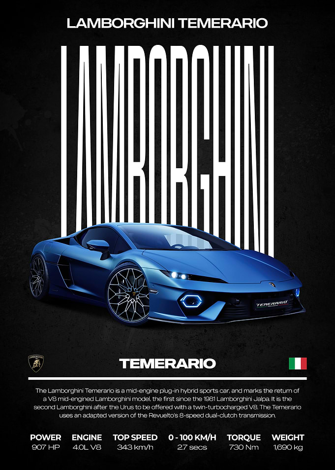 Lamborghini Temerario Blue Sports Car Poster