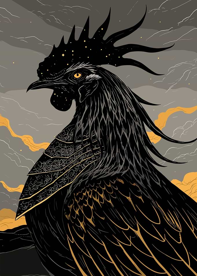 Stylized Black Rooster with Golden Accents