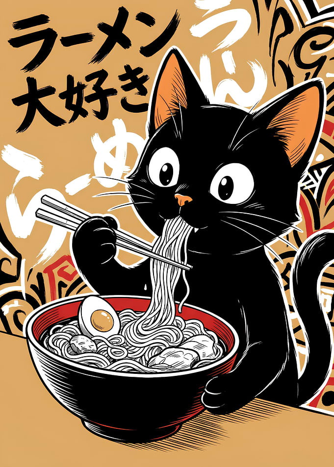 Black Cat Eating Ramen Illustration