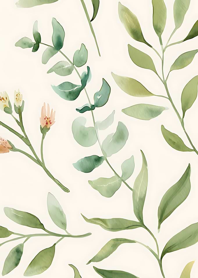 Watercolor Green Leaves and Floral Pattern