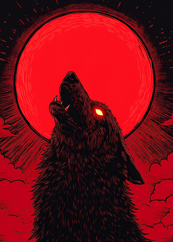 Howling Wolf Red Moon Illustration