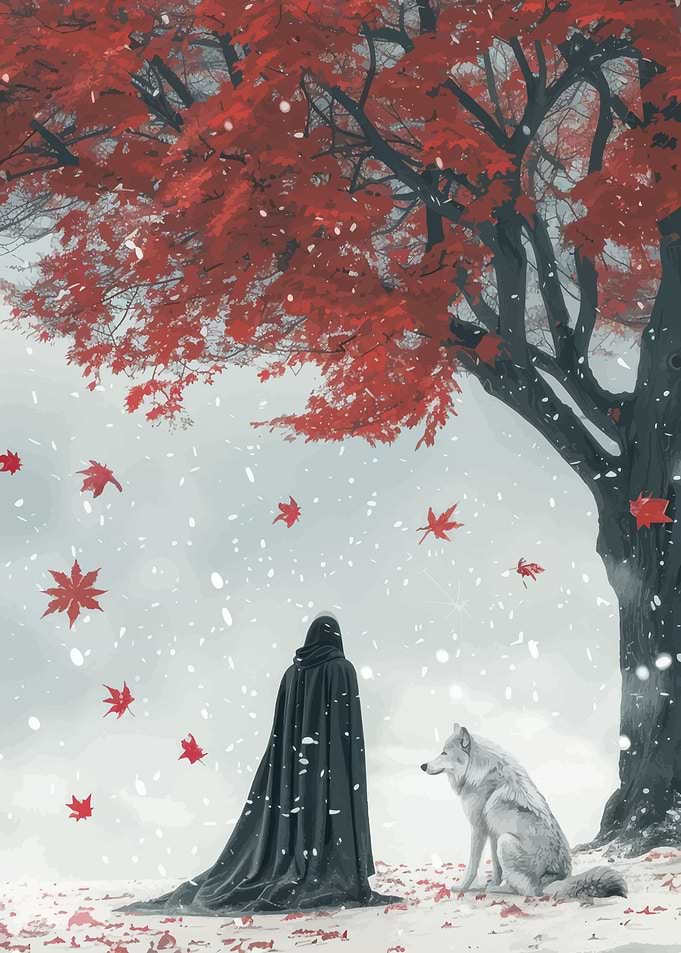 Winter Cloak and Wolf under Red Tree