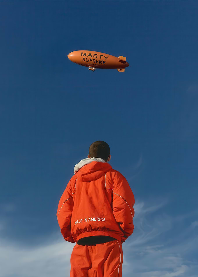 Man Gazing at 'Marty Supreme' Blimp