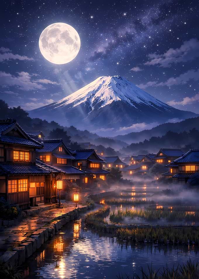 Japanese Village Under Moonlight