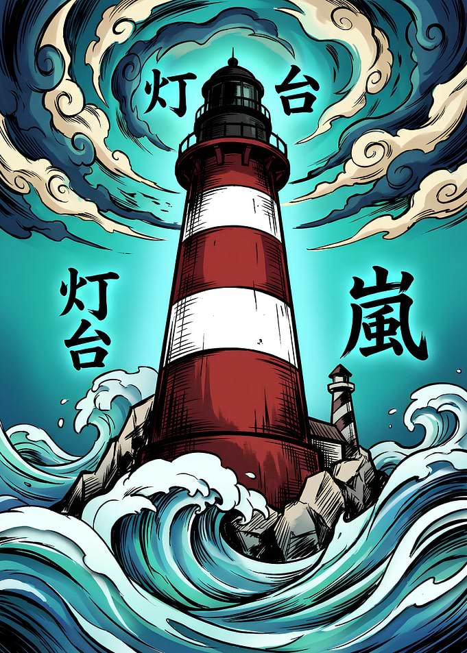 Lighthouse on Rocks with Ocean Waves