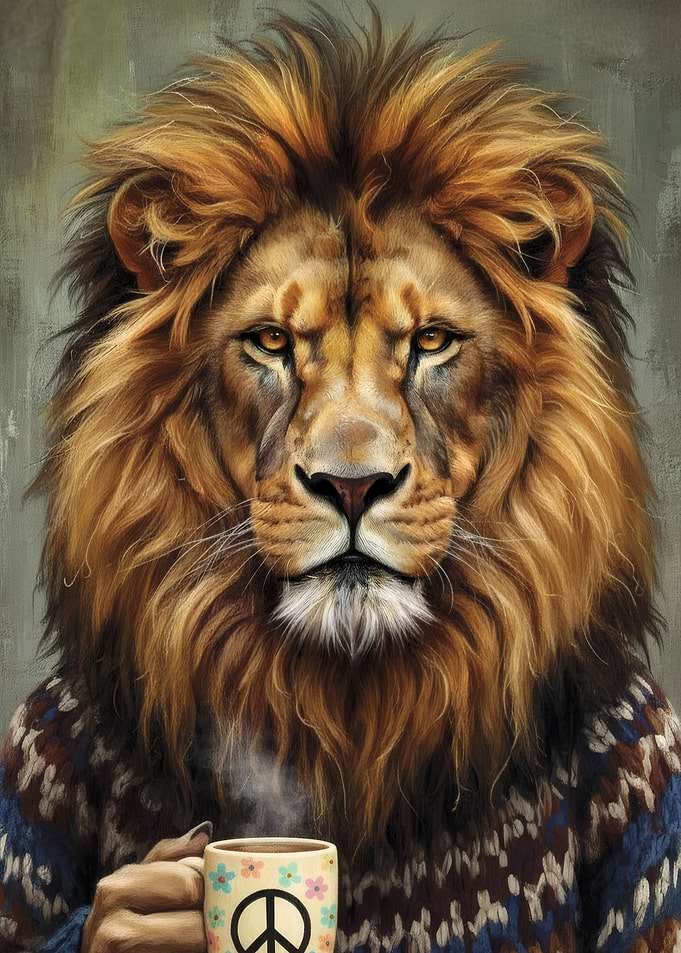 Lion with Coffee and Peace Sign