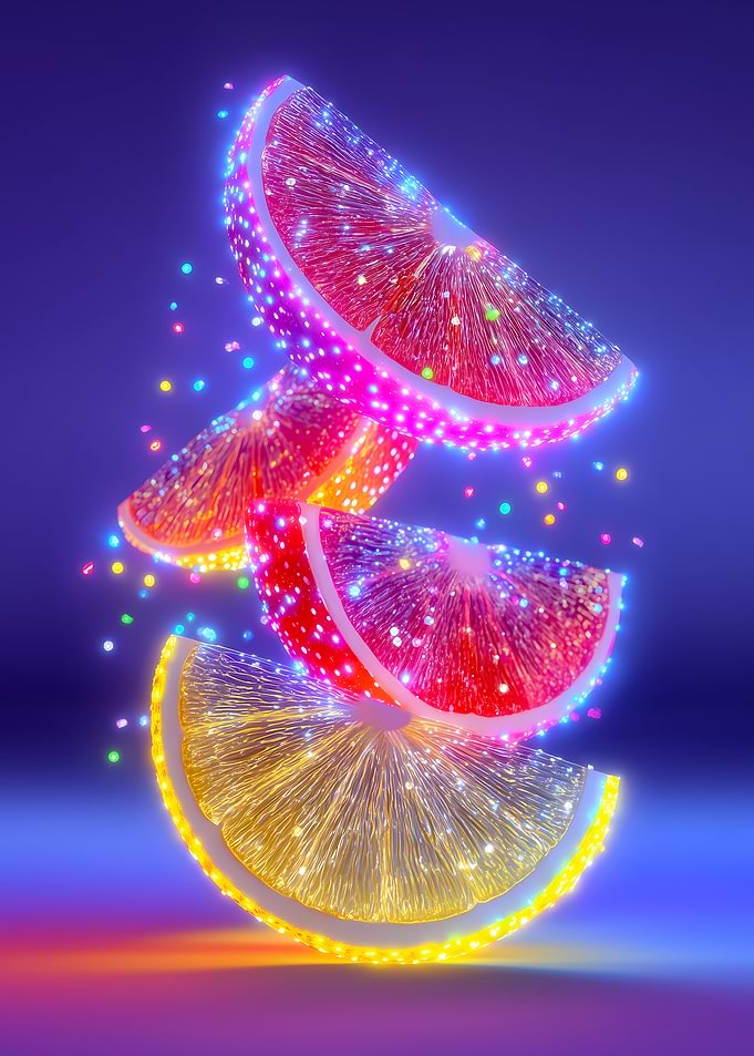 Glowing Citrus Slices on Blue