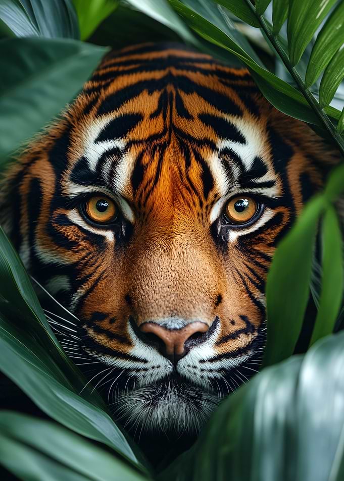 Tiger portrait in lush foliage